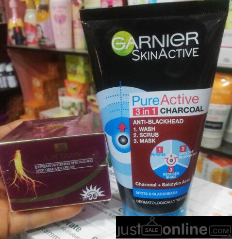 GARNIER and AM Glow face cream .