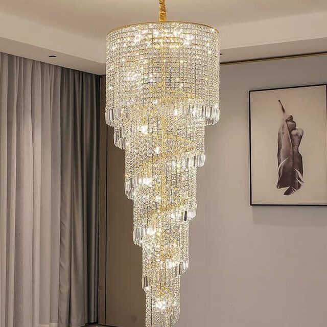 Led crystal chandelier lights for high roof sitting room, stairca