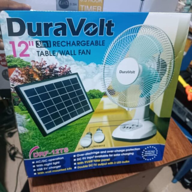 Duravolt rechargeable fan 12″ with solar panel and bulb