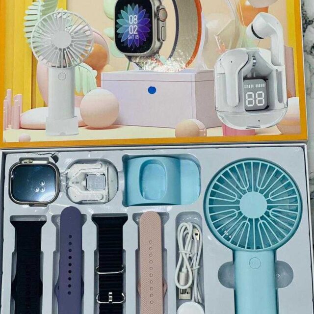 3in1 combo package(smart watch, rechargeable mini fan & earbud)